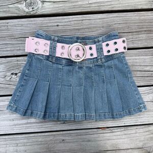 Angels Denim Pleated Mini Skirt With Pink Grommet Belt Y2K
